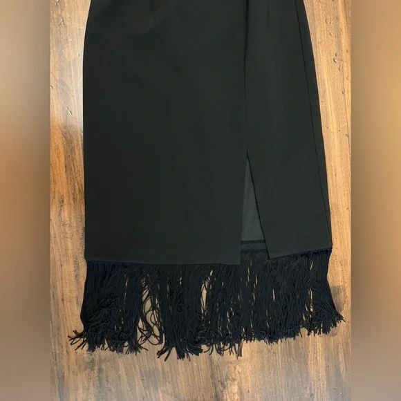 Aidan Adrianna Papell Crepe Popover Midi Black Fringe Hem Sheath Dress 2 LBD NWT - Picture 6 of 16